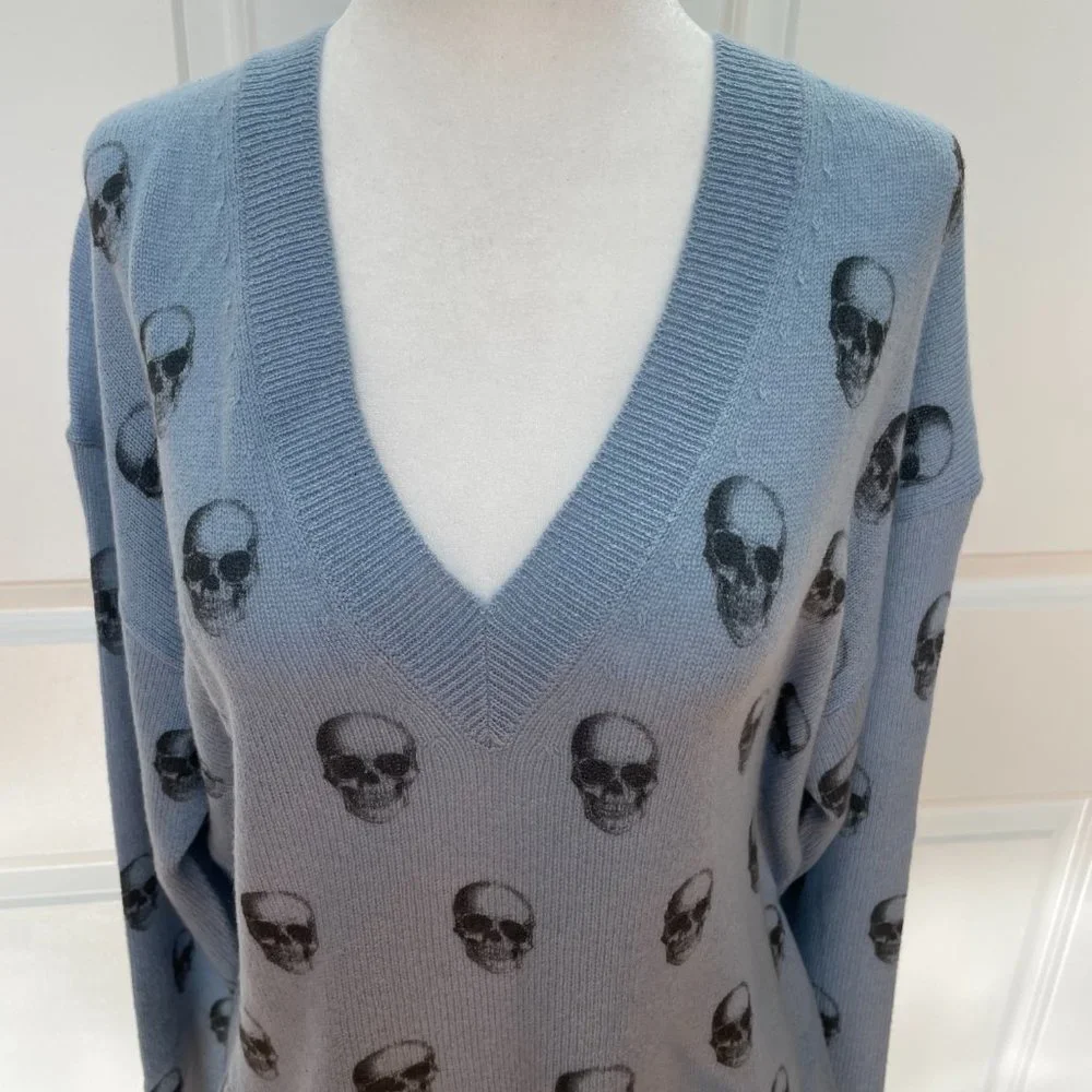 Skull Cashmere Mia V-Neck Skull Print Cashmere Sweater - Picture 1 of 8